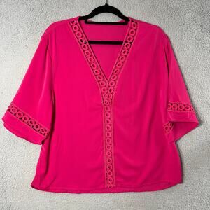 Womens Top M Pink V Neck‎ Pullover Short Sleeve Top Casual Careerwear Flowy